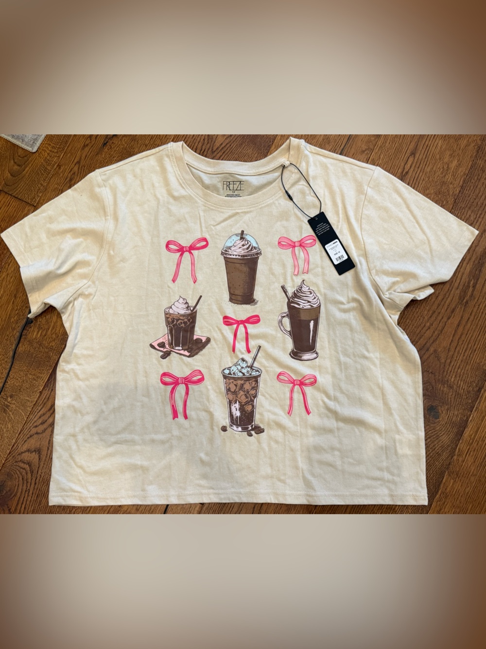 Fashion Nova Milkshakes, Drinks & Bows Graphic Tee Tan NWT Size 1X